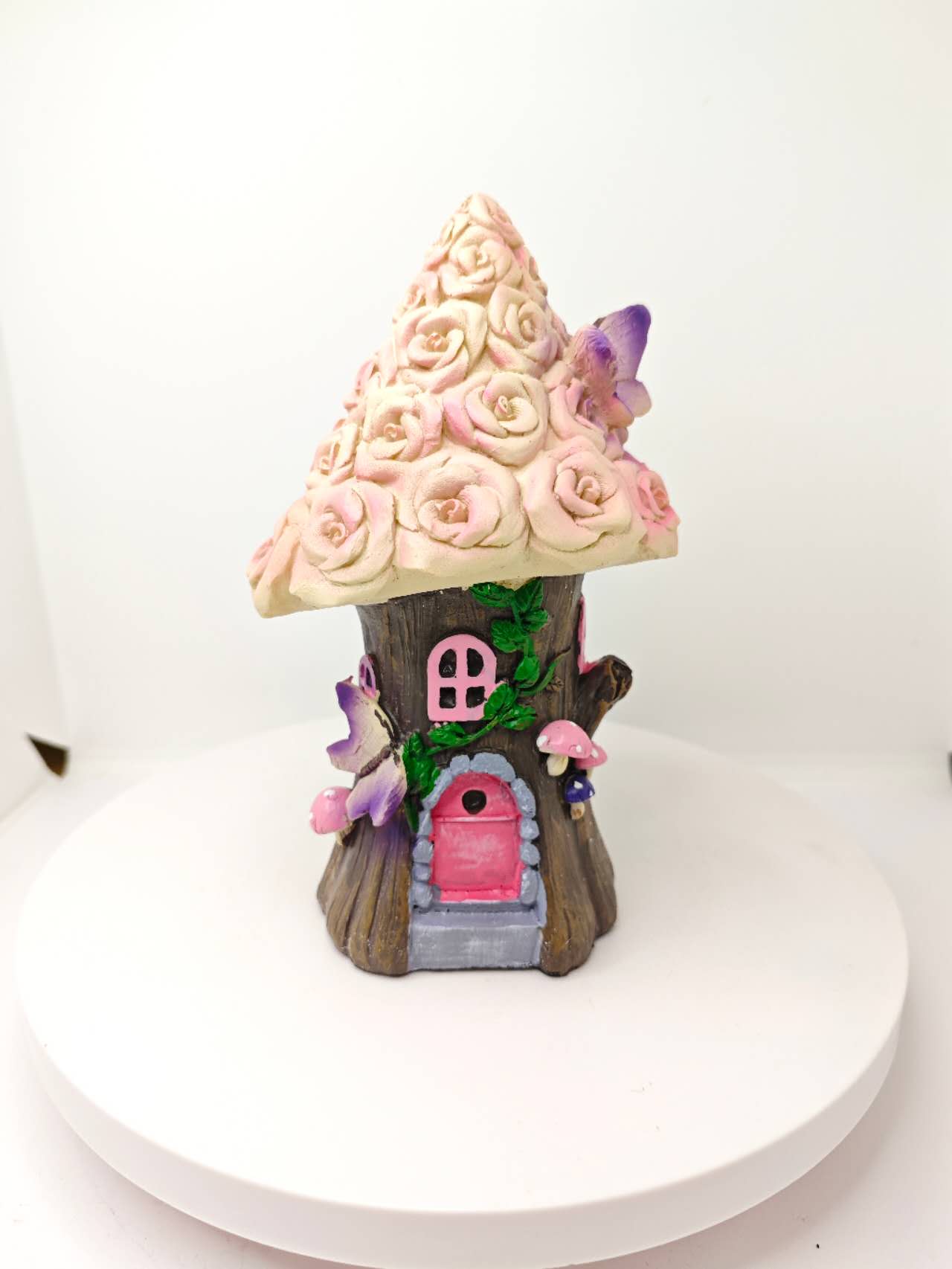Fairy Garden Tree Trunk House with Rose Roof Resin fairy garden Miniature
