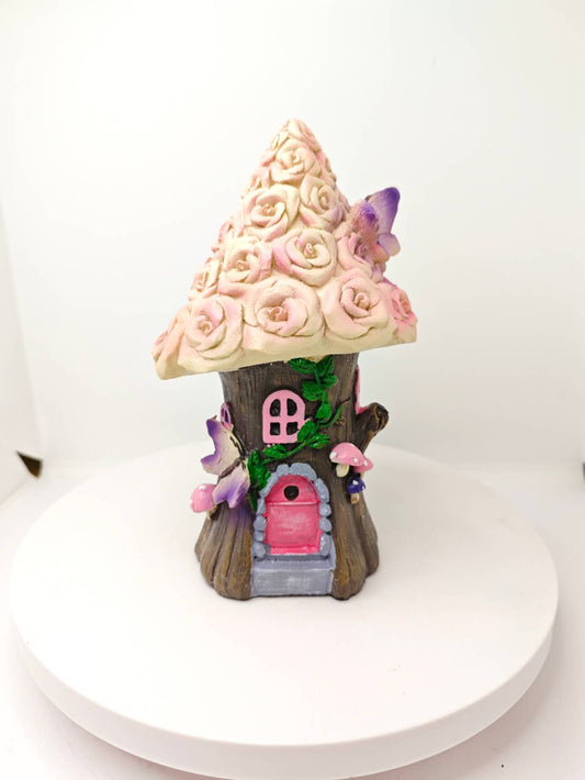 Fairy Garden Tree Trunk House with Rose Roof Resin fairy garden Miniature