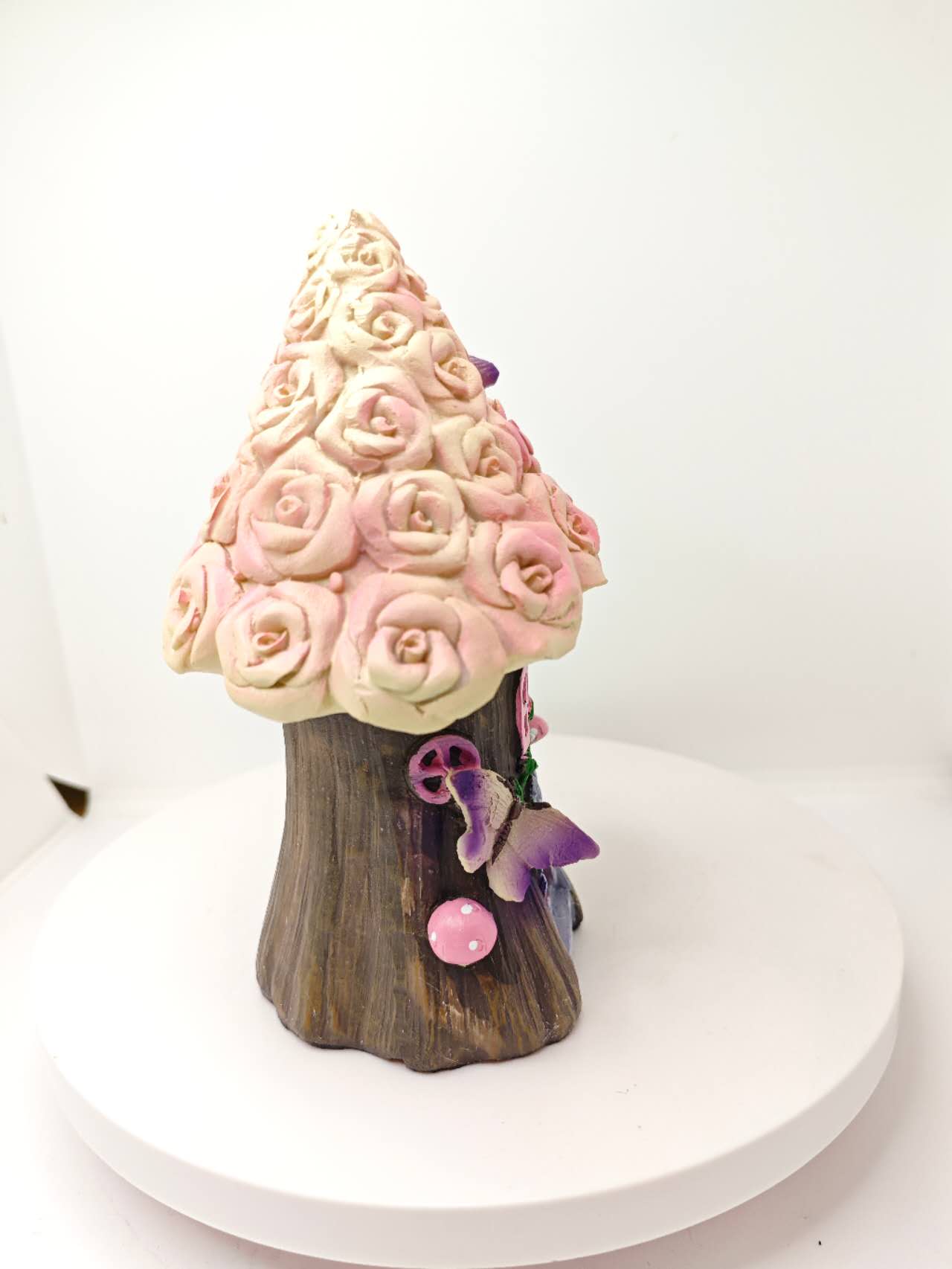 Fairy Garden Tree Trunk House with Rose Roof Resin fairy garden Miniature
