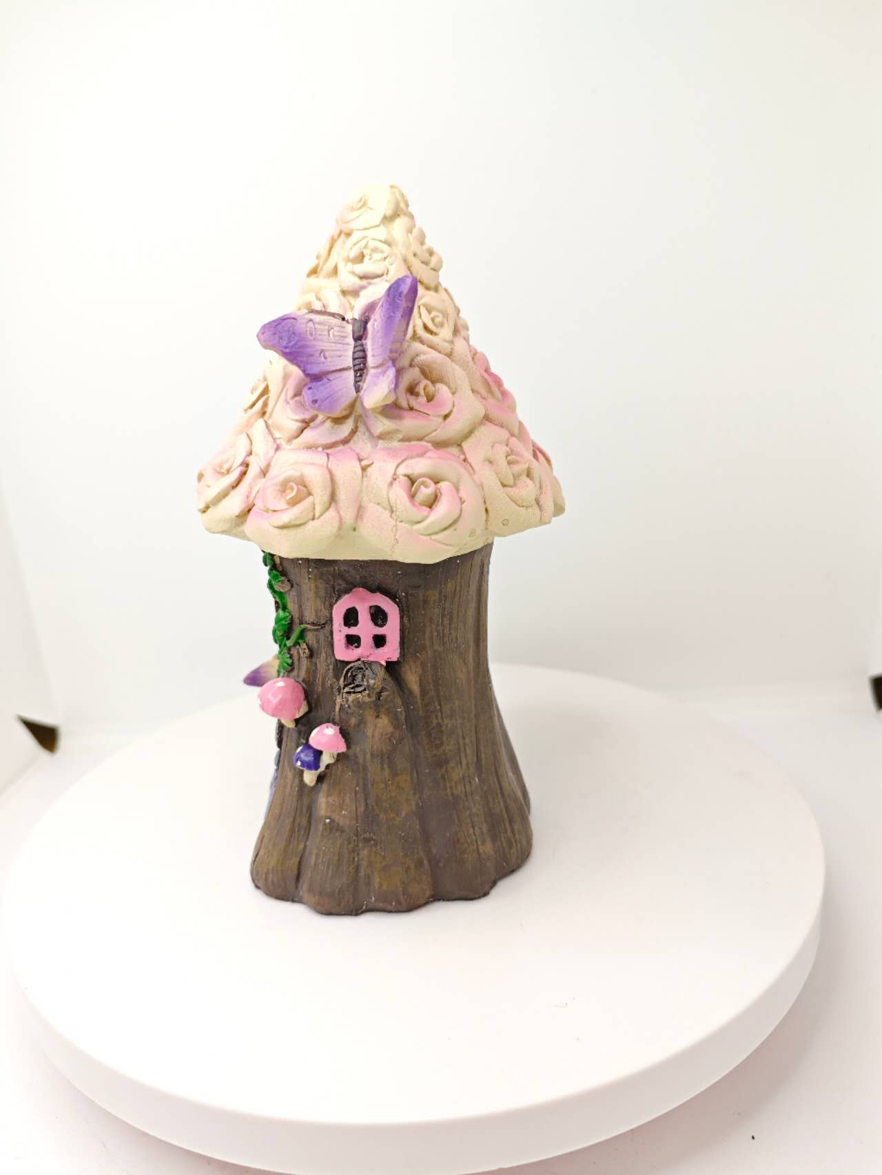 Fairy Garden Tree Trunk House with Rose Roof Resin fairy garden Miniature