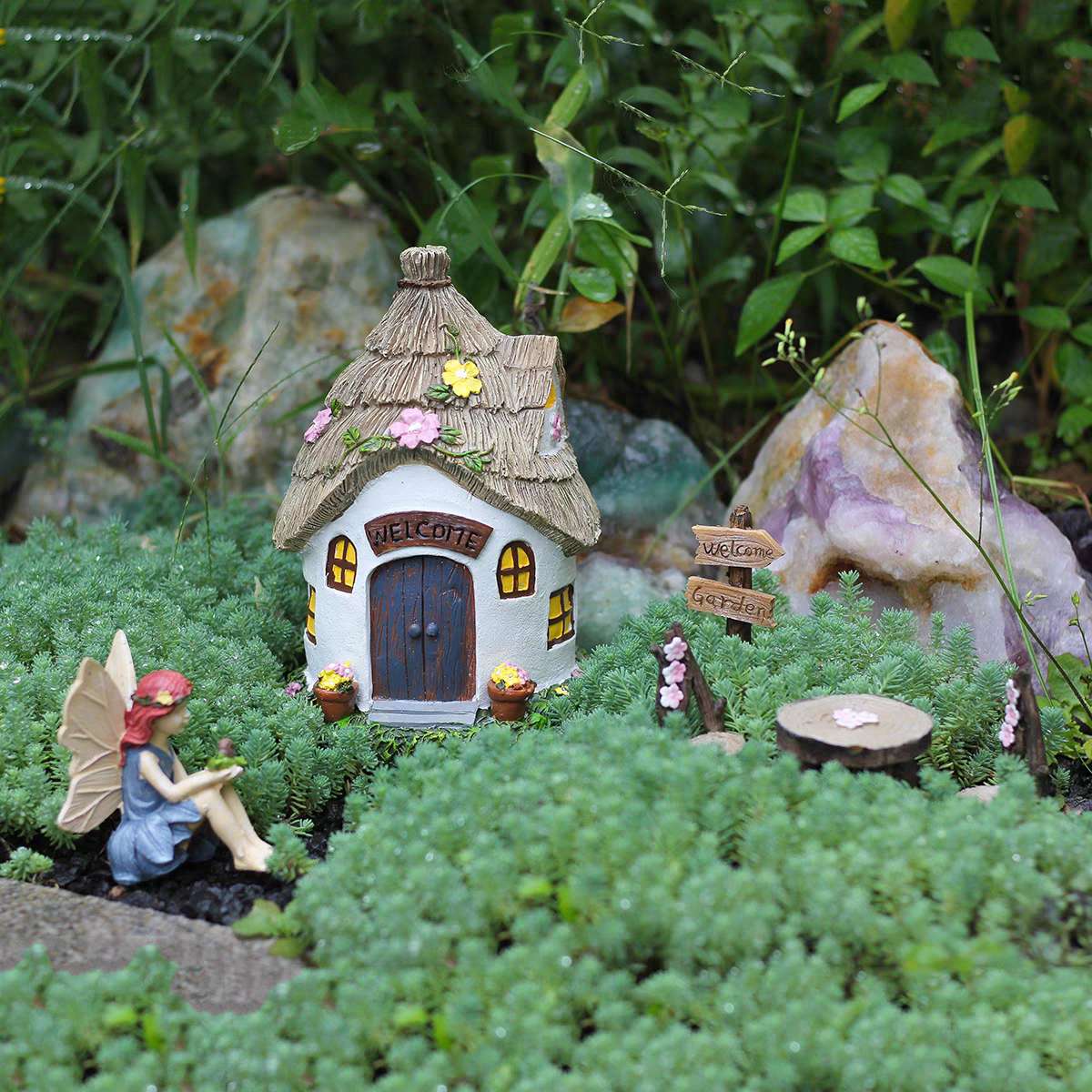 6PCS Thatch Fairy Garden Kits Fairy Garden Decorations Set
