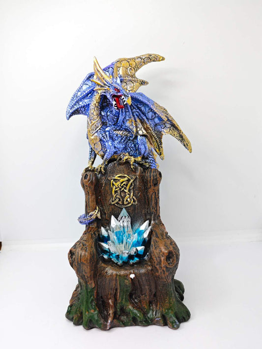 LED Blue Dragon on Crystal Throne Figure Statue Home Office Decor indoor