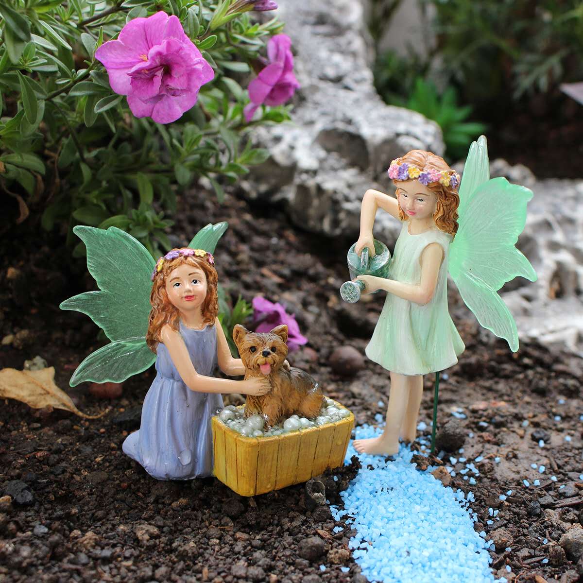 Fairy garden figurines fairy with watering can and dog