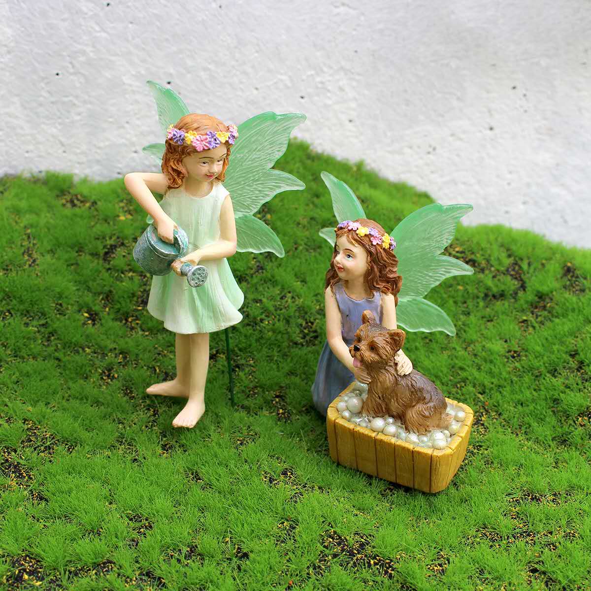 Fairy garden figurines fairy with watering can and dog