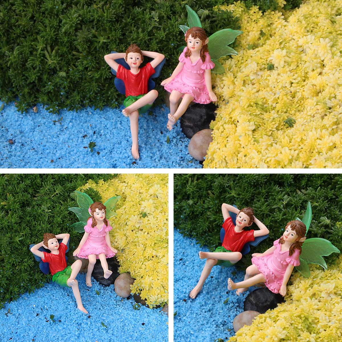 Fairy garden figurines sitting fairy girl and boy