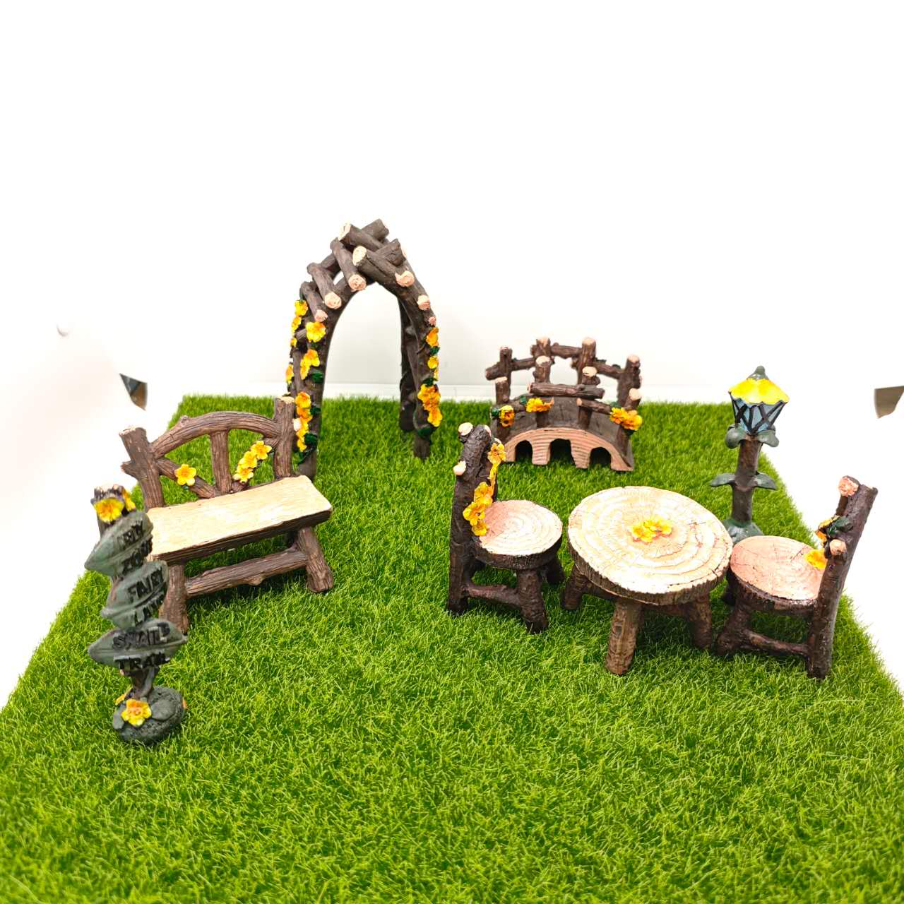 Fairy Garden Accessories Table Chair Bench Bridge Archway Road sign Lamp
