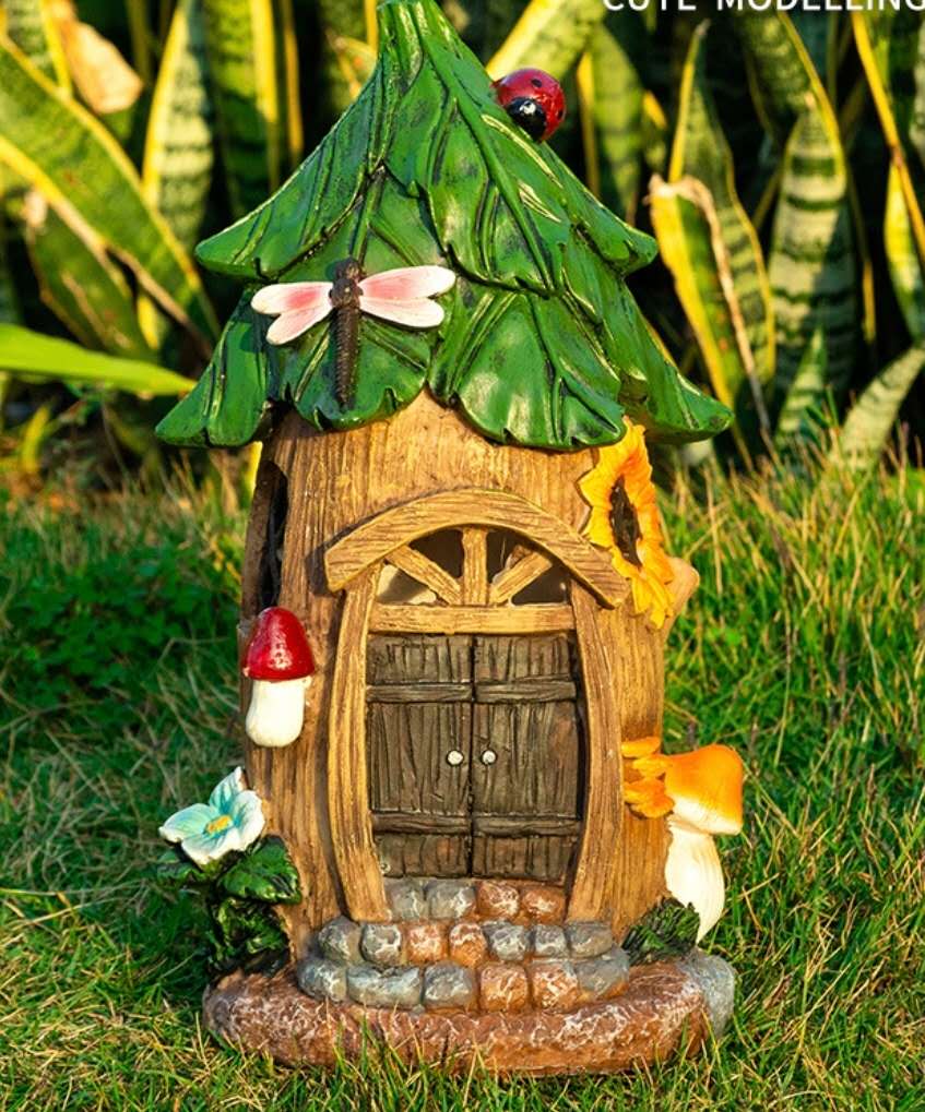 Tree House With Solar Lights Fairy House With Sunflowers