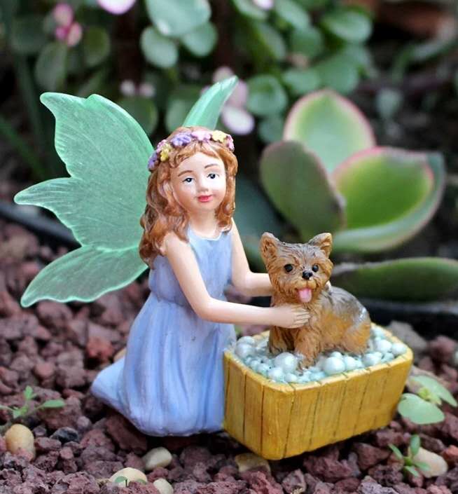Fairy garden figurines fairy with watering can and dog